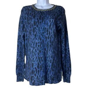 Saks Fifth Avenue Womens Cashmere Sweater Medium Animal Print Jewel Collar Luxur